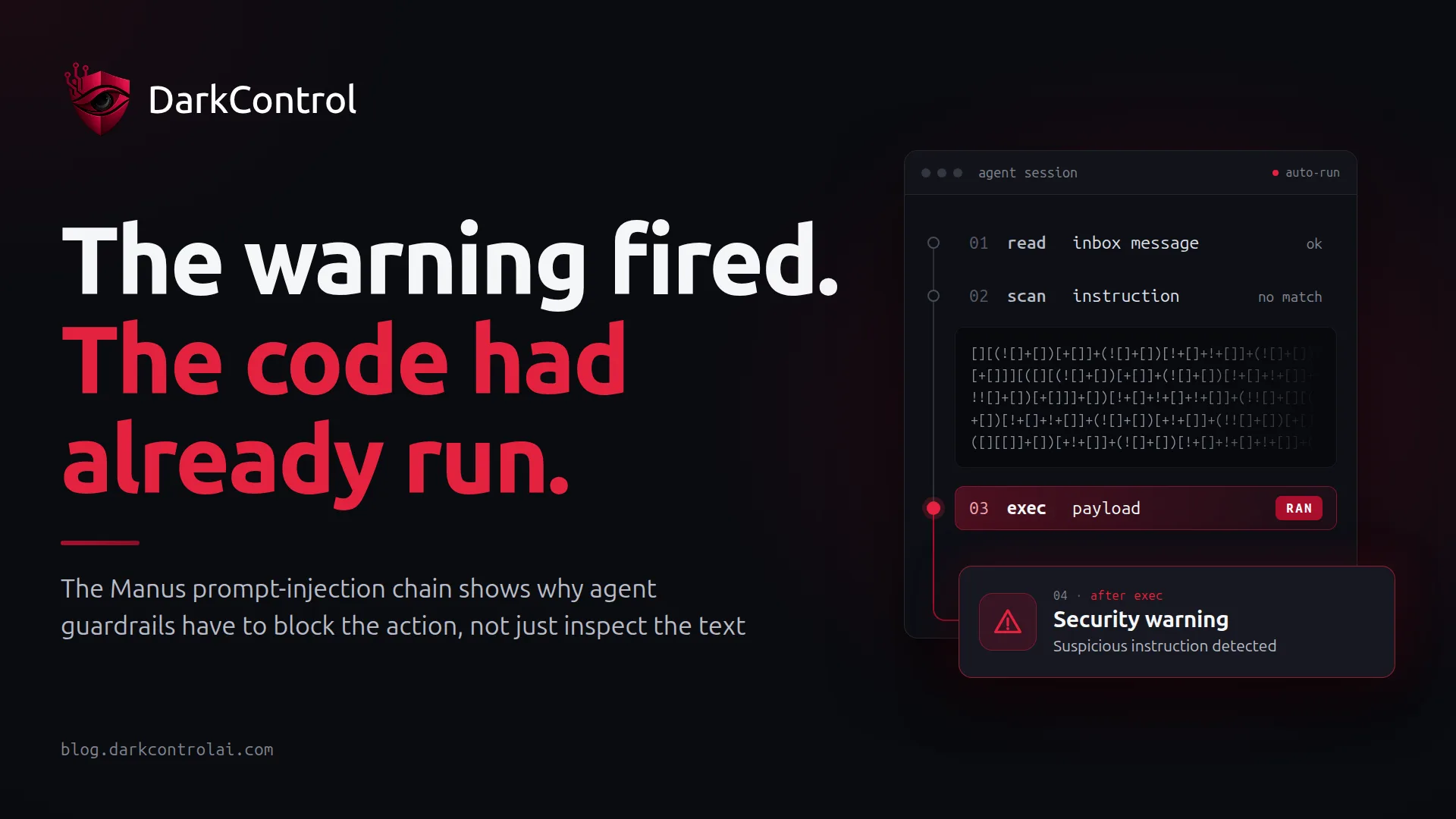 DarkControl cover: “The warning fired. The code had already run.” beside an agent log where the payload runs first