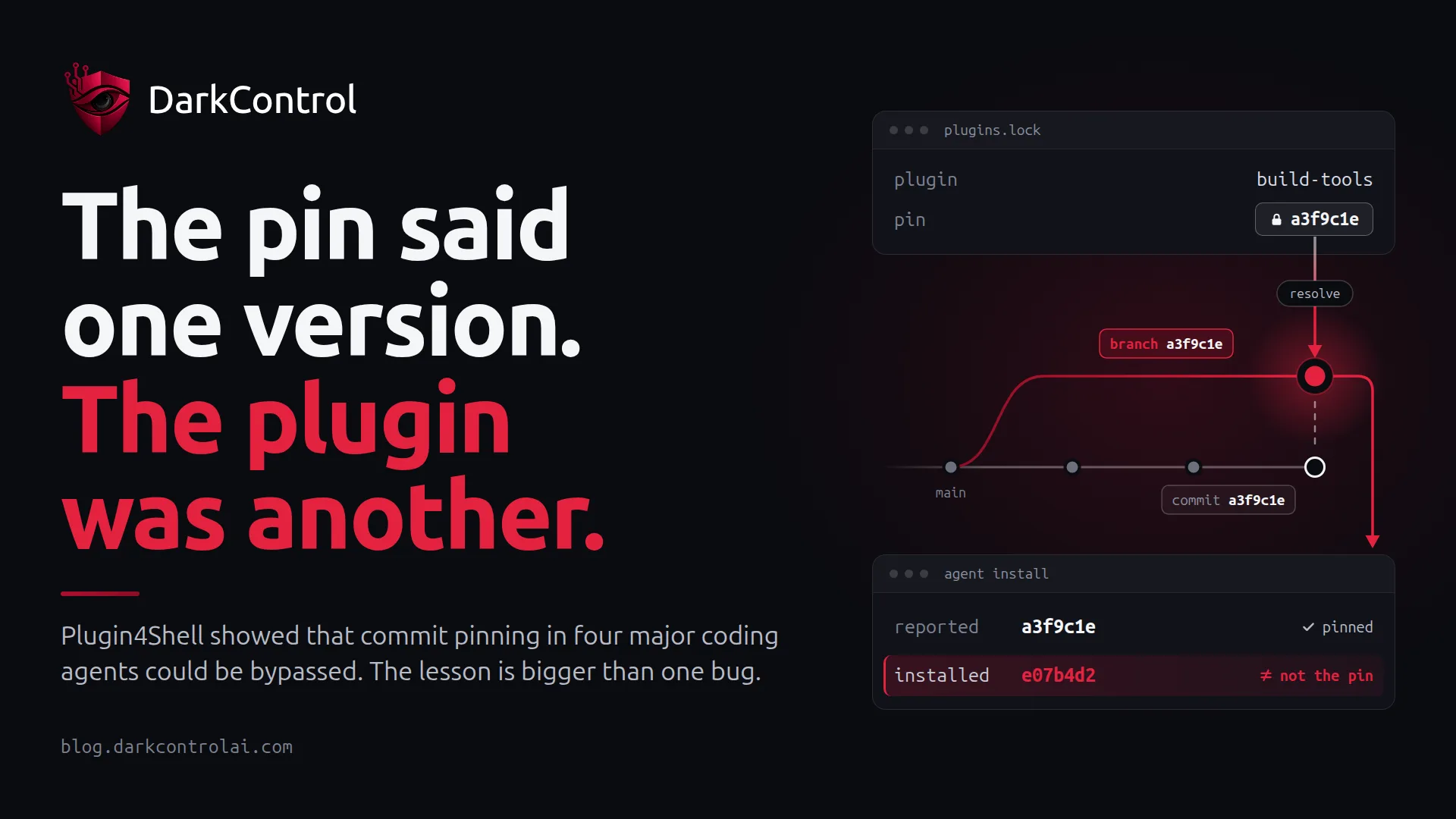 DarkControl blog cover: “The pin said one version. The plugin was another.”, with a technical illustration